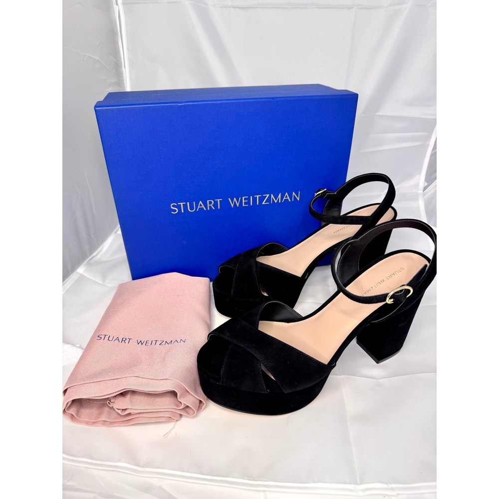 Stuart Weitzman Black Suede Platform Block Heel Sandals 10.5B SB286 - Picture 9 of 11